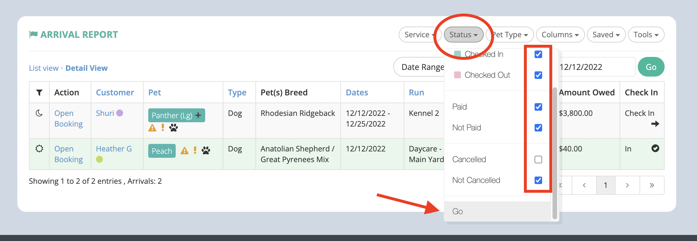 Pet arrival report with status dropdown menu.