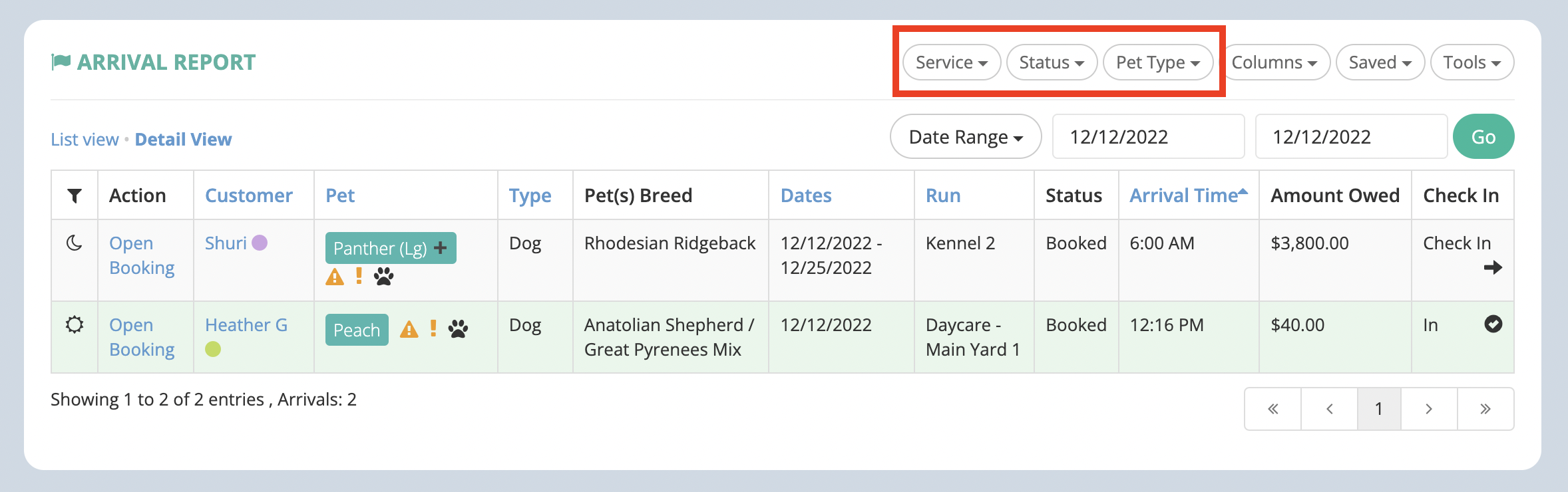 Pet arrival report table with bookings.