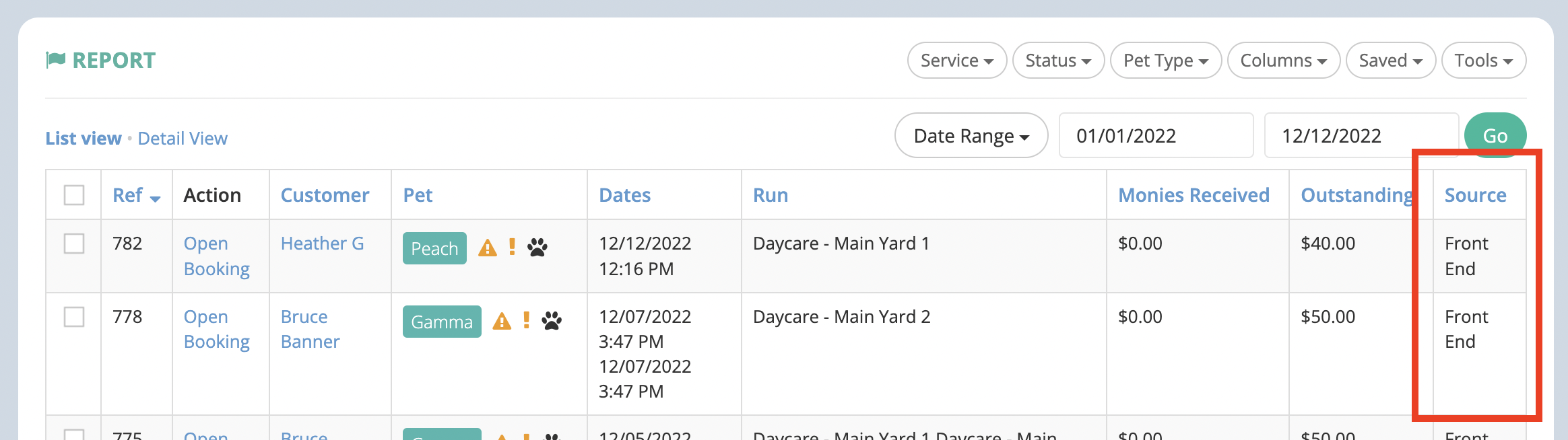 Pet booking report table with details.