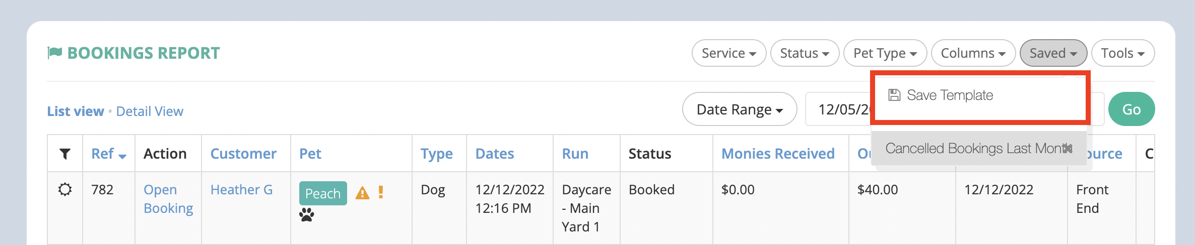 Bookings report table with save template option.