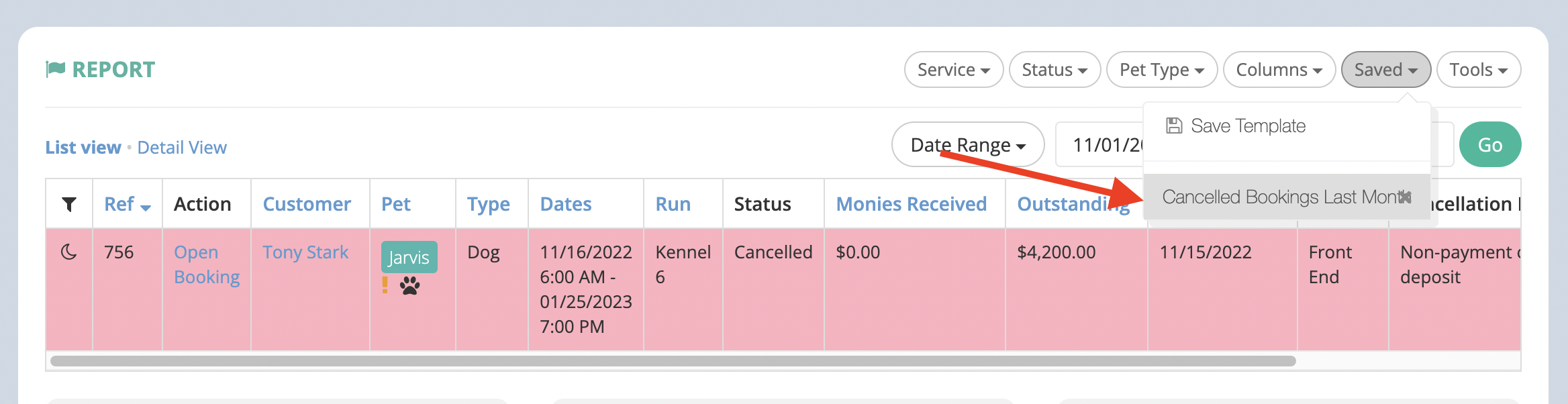 Booking report with cancellation details.