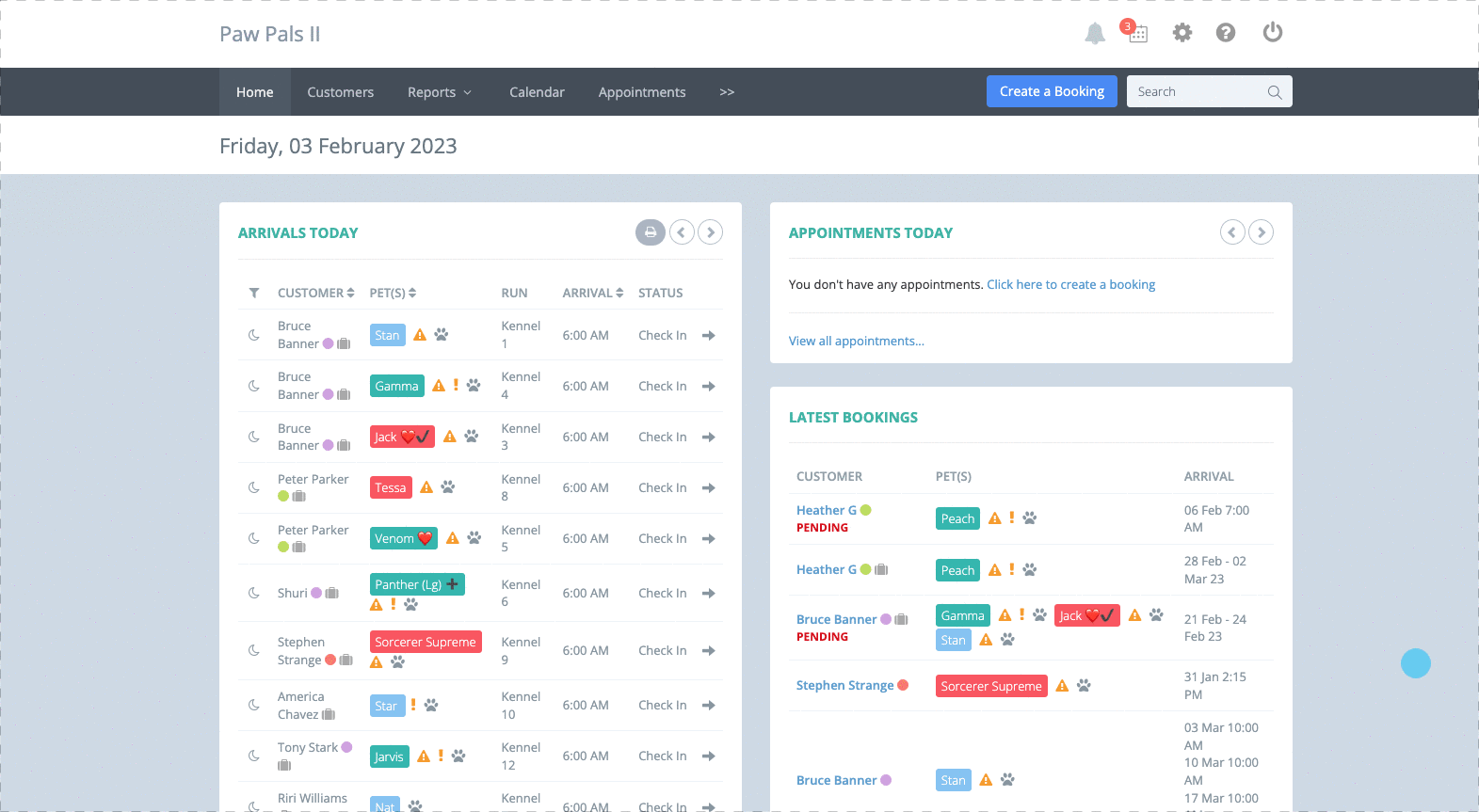 Pet booking dashboard with arrivals and bookings.