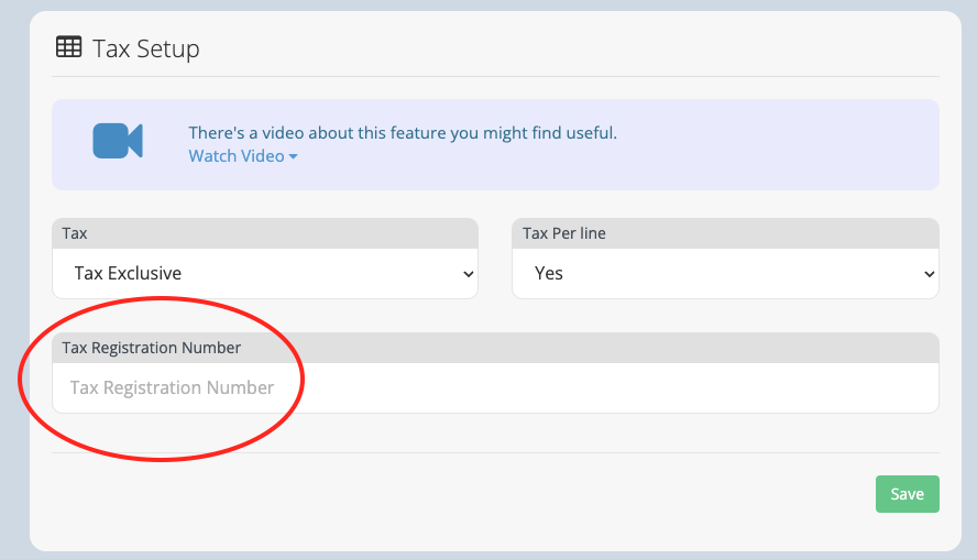 Tax setup form with registration number field.
