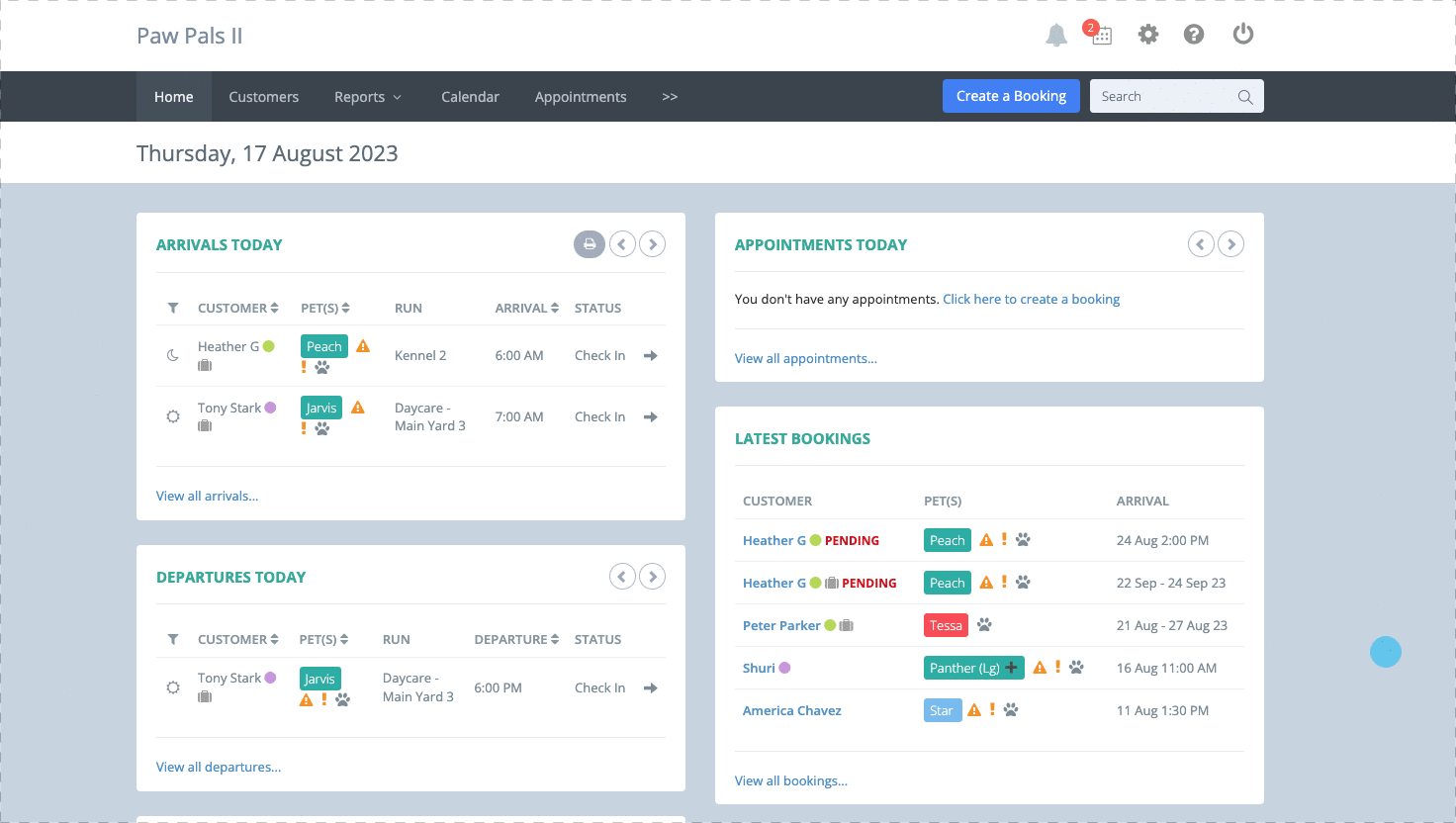 Pet booking dashboard with arrivals and departures.