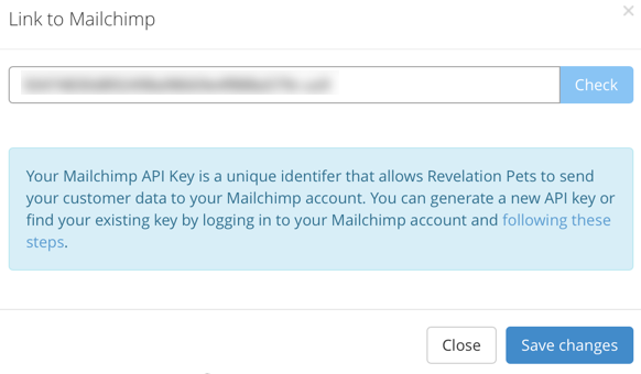 Mailchimp API key input and instructions.