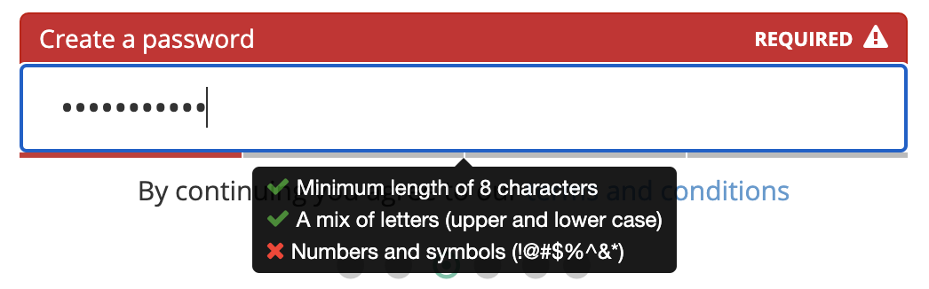 Password creation requirements tooltip.
